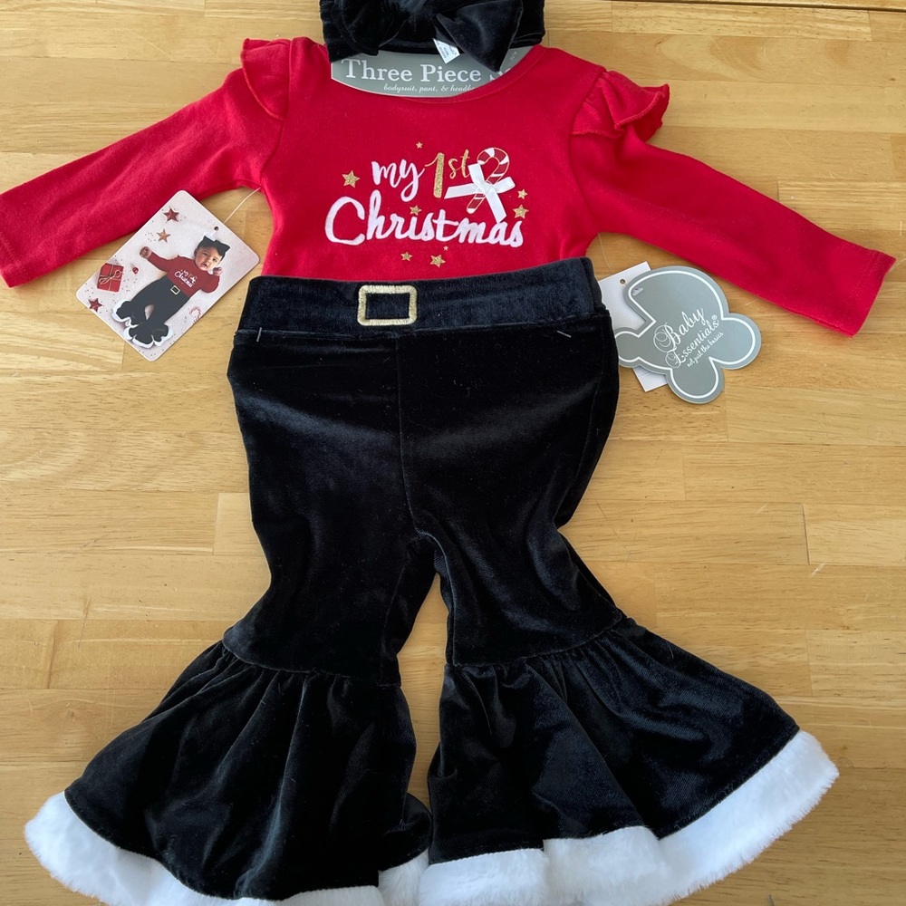 Baby Essentials My 1st Christmas Bell Bottom 3 Pc Outfit Headband 6 Months